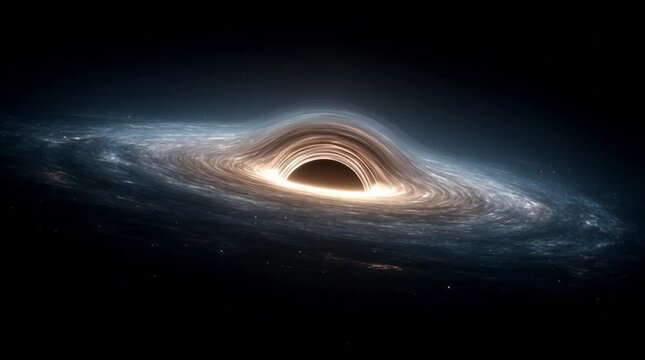 Interstellar Black Hole in Outer Cosmos. Giant Singularity with glowing rotating Accretion Disk. Cosmos around Wormhole warps in curved Space and Space-Time. Black Background.