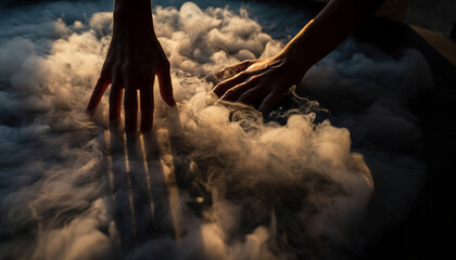 Hands interacting with swirling white smoke illuminated by warm light.