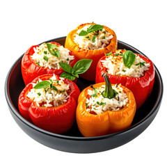 A serving of rice-stuffed bell peppers on a dark plate, a light and satisfying option for a healthy dinner, isolated on white background