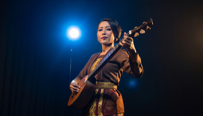 Fototapeta premium Woman playing a stringed instrument on a dark stage.