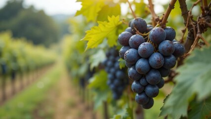 Grapes hanging from vine branches in a lush vineyard under natural sunlight. Grape day - World Grape Day