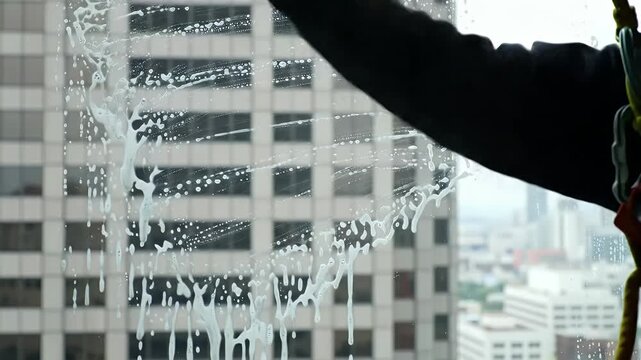 Window Washer Cleaning High Rise Building Glass for Pristine View and Professional Service