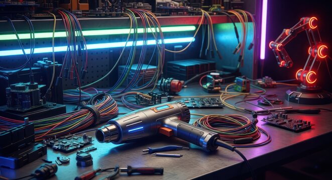 Detailed view of a futuristic electronic repair workstation with vibrant lighting and precise tools