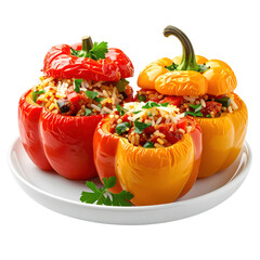 A homemade rice-stuffed pepper, a simple and healthy meal, presented without a plate for a minimalist look, isolated on white background