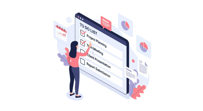 A businesswoman manages her schedule, checking off completed tasks like project planning on a large digital to-do list application with background charts.