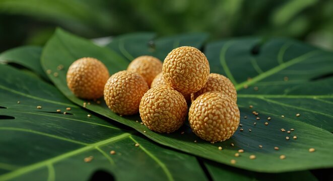 Golden Sweet Delight: A cluster of sesame-coated, spherical sweets rests gracefully on a vibrant green leaf, symbolizing freshness. Each bite offers a glimpse into tradition and culinary excellence.