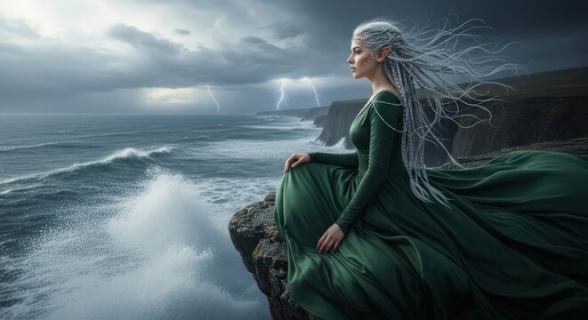 Elven queen contemplating nature's power amid a lightning storm on a coastal precipice