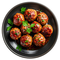 Tender swedish meatballs with mashed potatoes and lingonberries on a dark plate, a complete and iconic nordic meal, isolated on white background