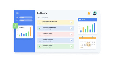 A modern dashboard user interface for a project management application showing a task list, charts, and calendar.