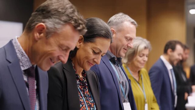 International business etiquette seminar delegates bow respectful greeting showing professional courtesy and polite engagement