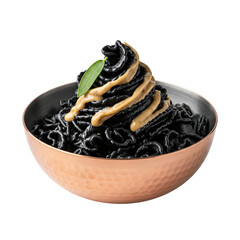 Elegant Black Squid Ink Pasta with Creamy Sauce and Sage Leaf, Gourmet Italian Cuisine, Distinctive and Delicious, Isolated on transparent background, png