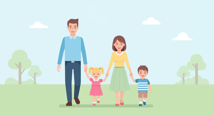 A family of four, including a mother, father, daughter, and son, holding hands and walking together in a park setting.