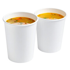 Warm vegetable broth in small cups, a light and savory start to a meal, cleanly isolated on white background for a studio shot with copy space