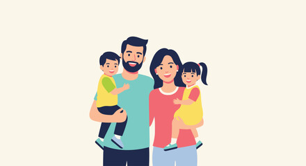 A happy family of four, smiling and posing together for a portrait, embracing.