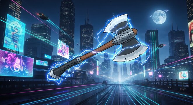 Futuristic city landscape featuring a glowing axe weapon amidst digital displays and neon lights
