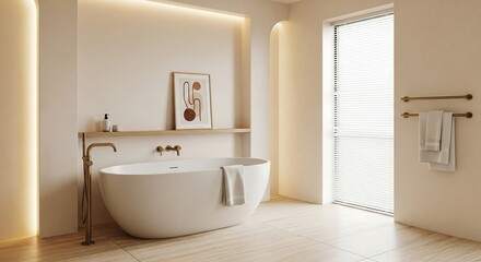 Modern luxury bathroom with freestanding bathtub and soft natural light