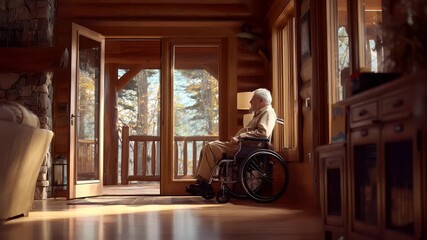 Senior in wheelchair looking out window interior - Powered by Adobe