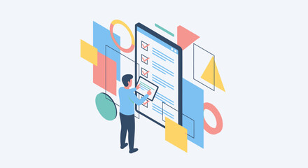 Isometric illustration of a man interacting with a large smartphone displaying a checklist, surrounded by geometric shapes.