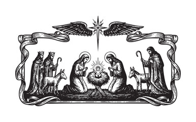 Vintage Engraving of Christmas Nativity Scene