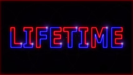 Neon Lifetime text stroke light effect animation on black background, 4k video.