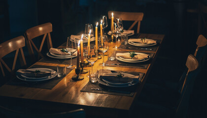 Candlelit dining table set for a formal meal with elegant place settings.