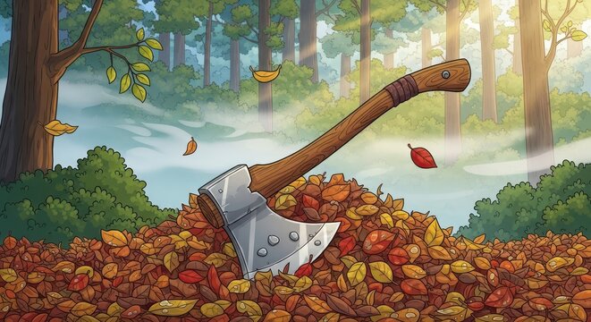 Lumberjack's axe in autumn forest among colorful leaves cartoon style illustration
