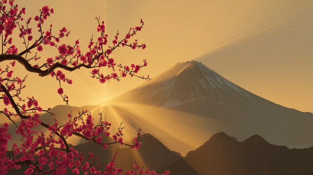 朝日に輝く紅梅と白梅の花と日の出の風景