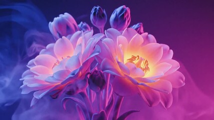 Glowing surreal flowers illuminated with vibrant pink and purple light creating a dreamy atmospheric scene filled with artistic fantasy and luminous beauty - Powered by Adobe