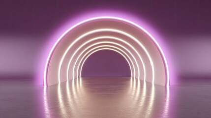 Obraz premium Bright neon arches glowing in a modern hallway, creating a vibrant and inviting atmosphere with soft reflections on a polished floor surface