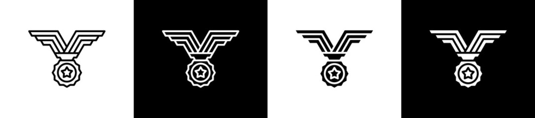 Achievement icon set in line and glyph style on black and white background