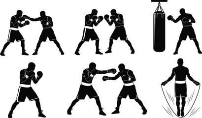 Boxing silhouette vector set, training and sparring poses, fitness combat illustration, cad drawing flat vector artwork for gym design