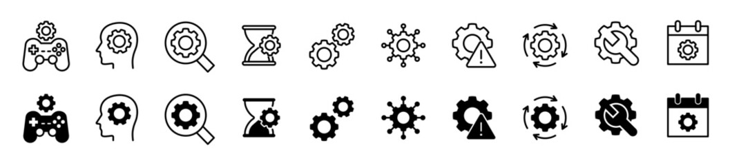 Cogwheel icon set. Gear wheel and manufacturing symbol. Setting, progress and repair logotypes. Vector illustration.