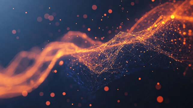 Floating polygon mesh emitting particle trails dynamic abstract digital art glowing geometric shapes in motion futuristic and immersive visualization of technology energy and network