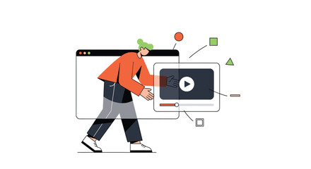 Person interacting with a video player interface on a computer screen, conceptual illustration