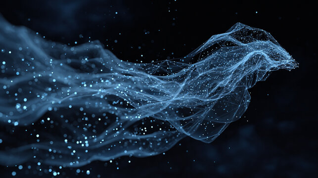 Floating polygon mesh emitting particle trails dynamic abstract digital art glowing geometric shapes in motion futuristic and immersive visualization of technology energy and network