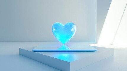 a vibrant blue holographic 3D heart, laid on a white table, white room