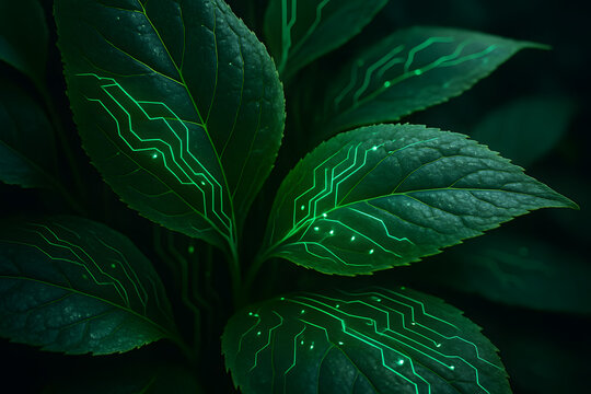 Nature Integrated: Green Leaves Infused with Glowing Cybernetic Circuitry Design