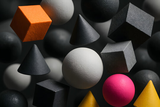 Geometric Harmony: A Colorful Assemblage of Spheres, Cubes, and Cones - Powered by Adobe