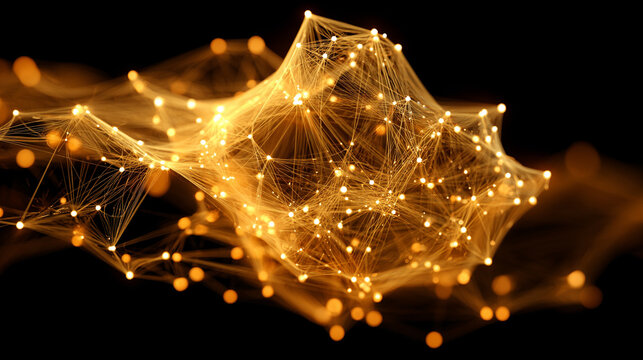 Floating polygon mesh emitting particle trails dynamic abstract digital art glowing geometric shapes in motion futuristic and immersive visualization of technology energy and network