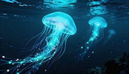 Undersea Symphony: A captivating view of jellyfish with luminous forms gracefully floats beneath the ocean's surface. With its vivid colors, this image captures the wonders of the deep sea