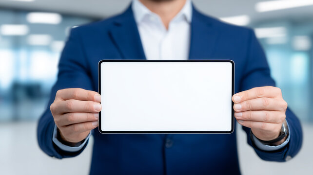 Business professional presenting a digital tablet mockup for branding, app demonstration and corporate communication, ready for product promotion and advertising.
