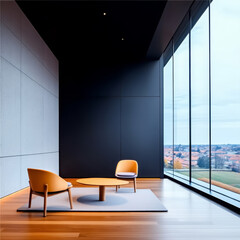 Fototapeta premium Modern office space with large windows, minimalist design, wooden floor, and city view