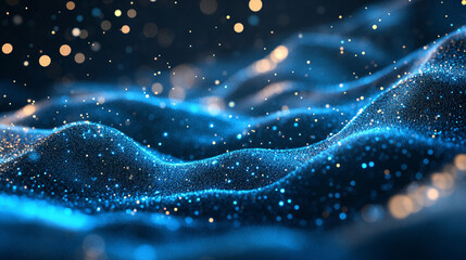 Floating polygon mesh emitting particle trails dynamic abstract digital art glowing geometric shapes in motion futuristic and immersive visualization of technology energy and network