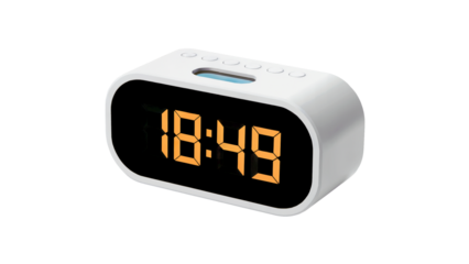 Sleek digital alarm clock displaying 18:49 in vibrant orange digits, a modern timekeeping essential for your daily routine and promoting punctuality isolated on white or transparent png.