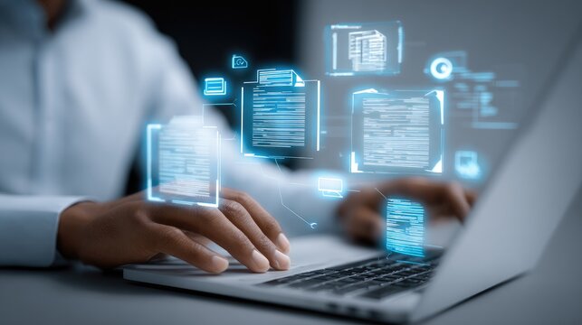 Corporate governance review businessman analyzing compliance documents on laptop in digital environment for cybersecurity and data management policies