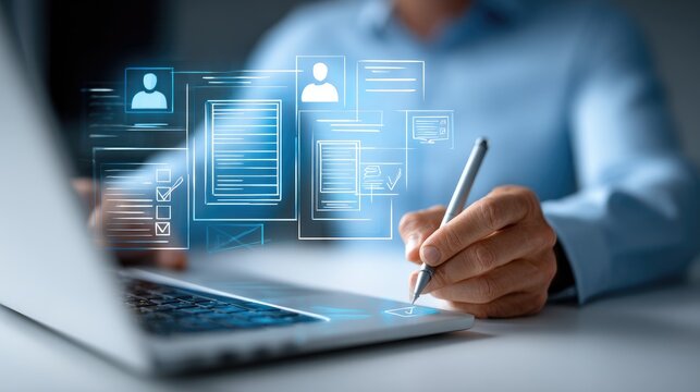 Businessman reviewing compliance documents on laptop digital governance data management in corporate environment ensuring cybersecurity regulation and policy adherence