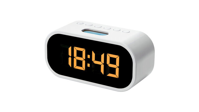 Sleek digital alarm clock displaying 18:49 in vibrant orange digits, a modern timekeeping essential for your daily routine and promoting punctuality isolated on white or transparent png.