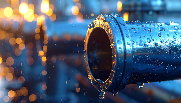 Industrial pipes glistening with water droplets against the backdrop of an industrial plant, conveying a sense of manufacturing and the essence of industry. 
