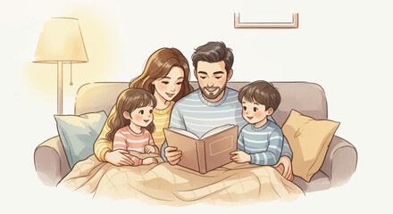 Family reading a book on the sofa