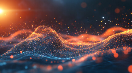 Floating polygon mesh emitting particle trails dynamic abstract digital art glowing geometric shapes in motion futuristic and immersive visualization of technology energy and network